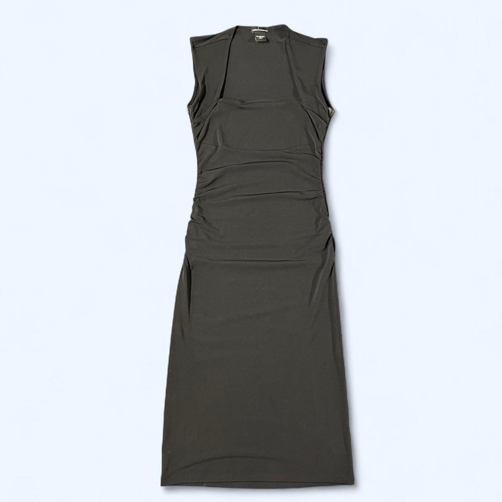 Black Fitted Ruched Midi Dress Small Y2K Whimsigoth Bodycon Goth Grunge Chic